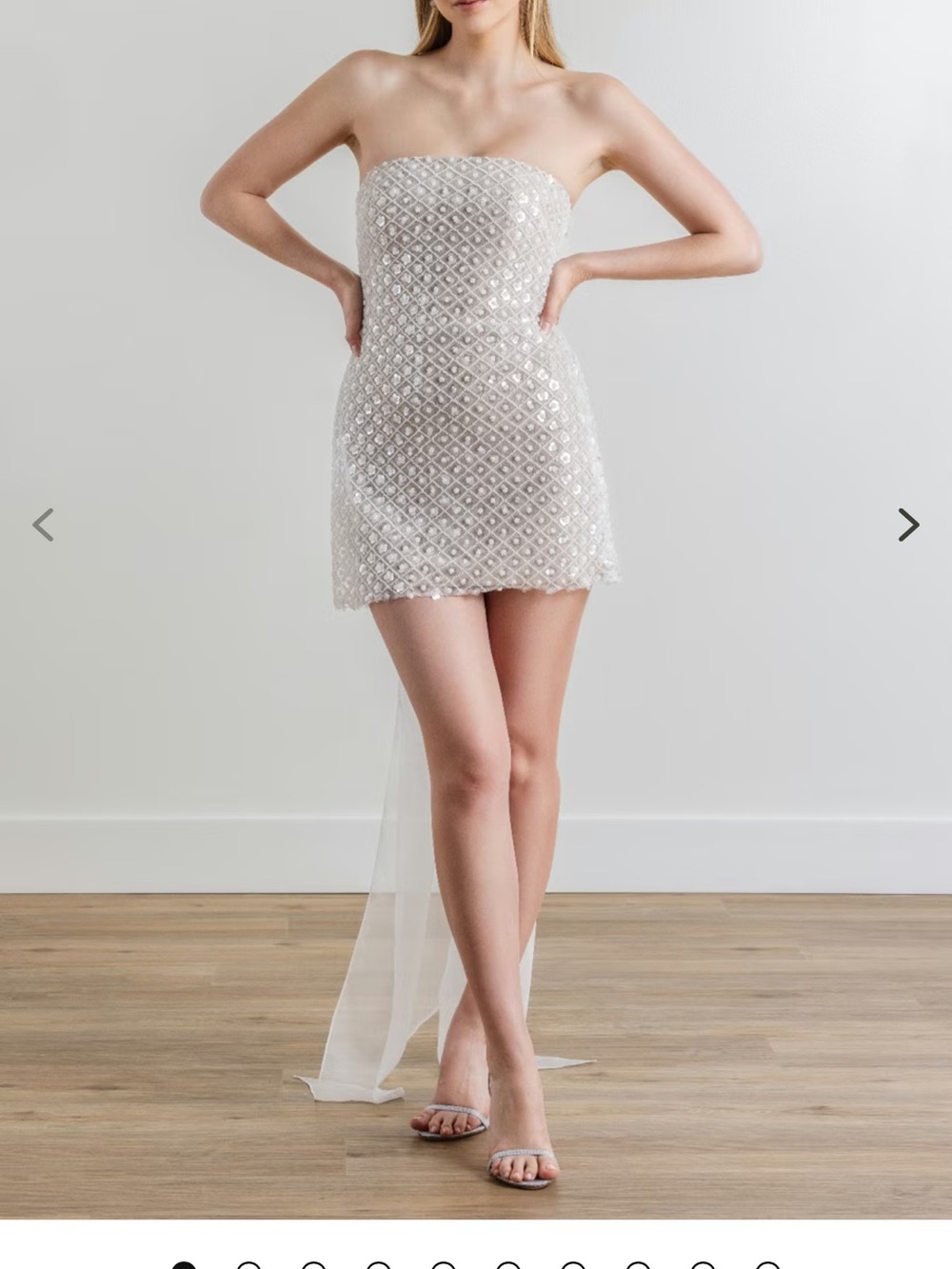 Strapless White Sequin Mini Dress with Sheer Train